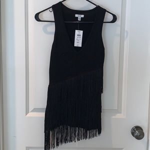 ‼️SOLD‼️NWT Caché Black V Neck Asymmetric Fringe Sweater